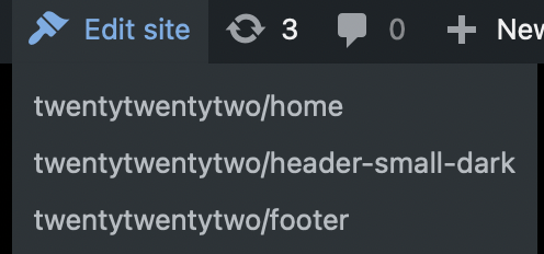 Screenshot of Edit site links in the Twenty Twenty-Two theme