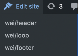 Screenshot of Edit site links in the Wei theme