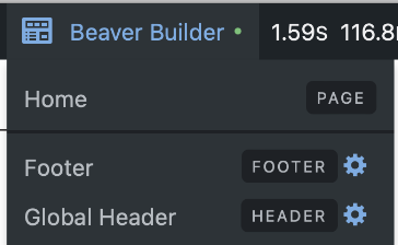 Screen shot of beaver builder's admin menu links to Home, Footer, Global Header.