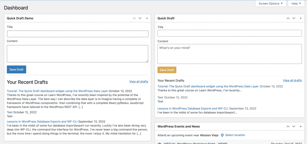 Screenshot of the WordPress dashboard. My custom Quick Draft Demo widget sits next to the default Quick Draft widget.