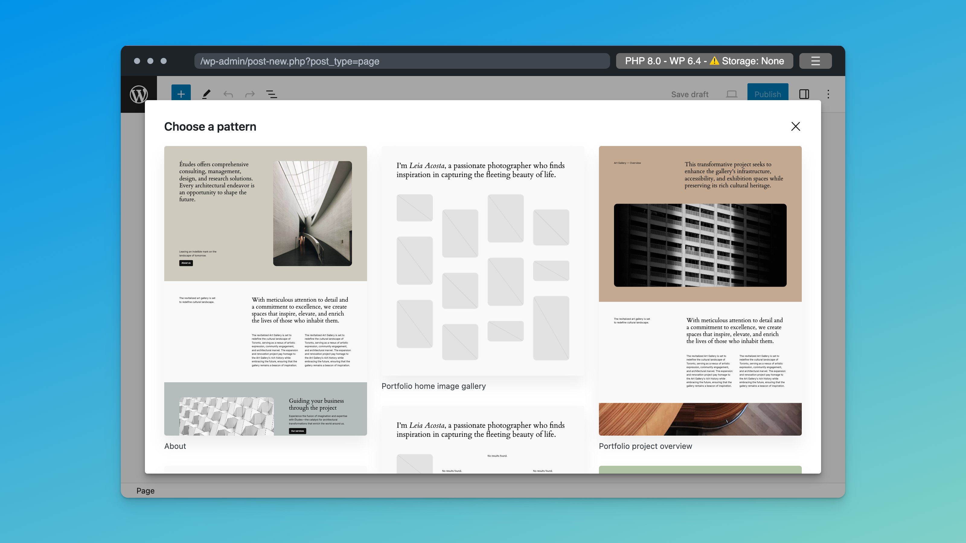 A screenshot of the new page screen in WordPress with the Choose a pattern modal activated.