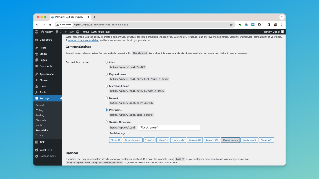 Screenshot of a web browser displaying a WordPress Permalink settings page 