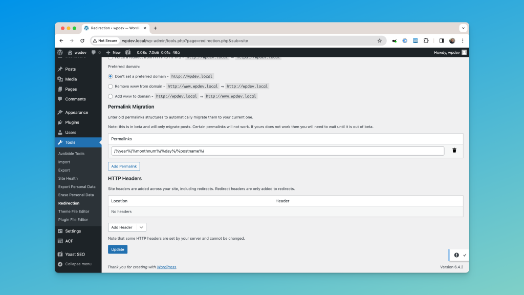 A web browser open to a WordPress admin panel with a Redirection plugin configuration page, showing settings for Permalink Migration